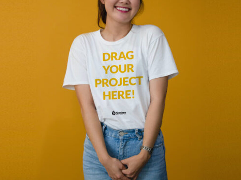 Smiling Girl wearing T-Shirt Mockup Free Download PSD File